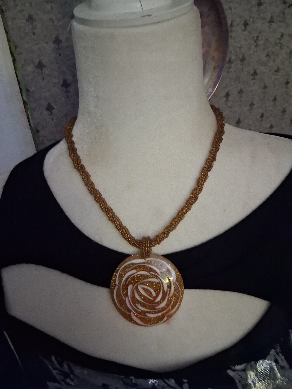 Gold-Tone Braided Chain Necklace with Spiral Rose Pendant. Hanmade